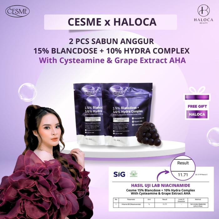 Gambar [ HALOCA x CESME ] (LIVE) (2PCS) 15% BLANCDOSE + 10% HYDRA COMPLEX WITH CYSTEAMINE & GRAPE EXTRACT AHA WHITENING & EXFOLIATING BODY SOAP dari Hallowica undefined Tokopedia