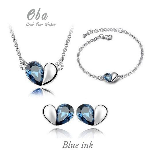Kalung Wanita (JS084) Jewelry set Pesona Austrian Crystals Heart Ocean  Blue
