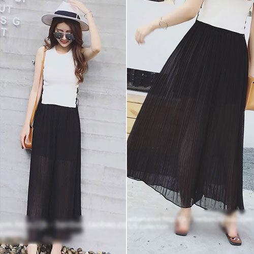 Black Pleated Wide Leg Chiffon Pants 