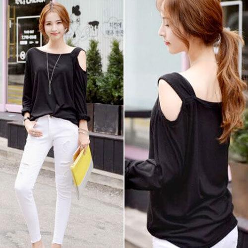 Jual Black Oblique cotton lycra Blouse Pesta sabrina LD 96 PREM