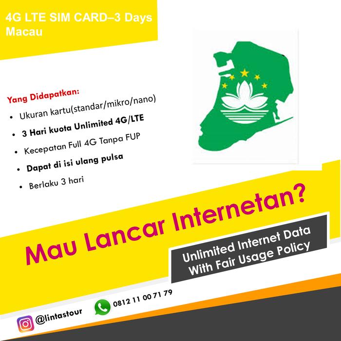 Jual 4G Lte Sim Card Macau - 3 Hari, Data Unlimited Tidak Ada Kuota & Fup -  Jakarta Pusat - Lintas Tour | Tokopedia