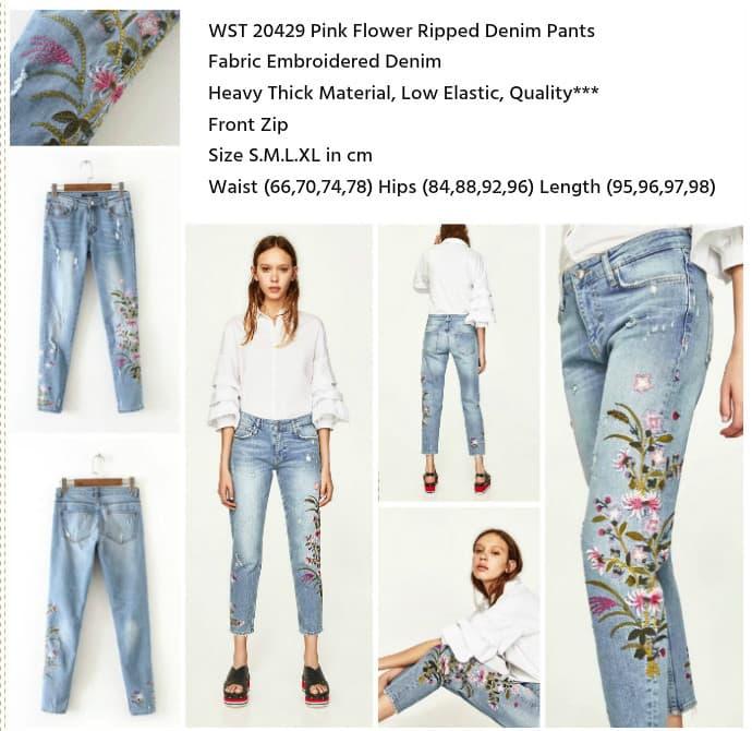 Jual Pink Flower Ripped Denim Pants 