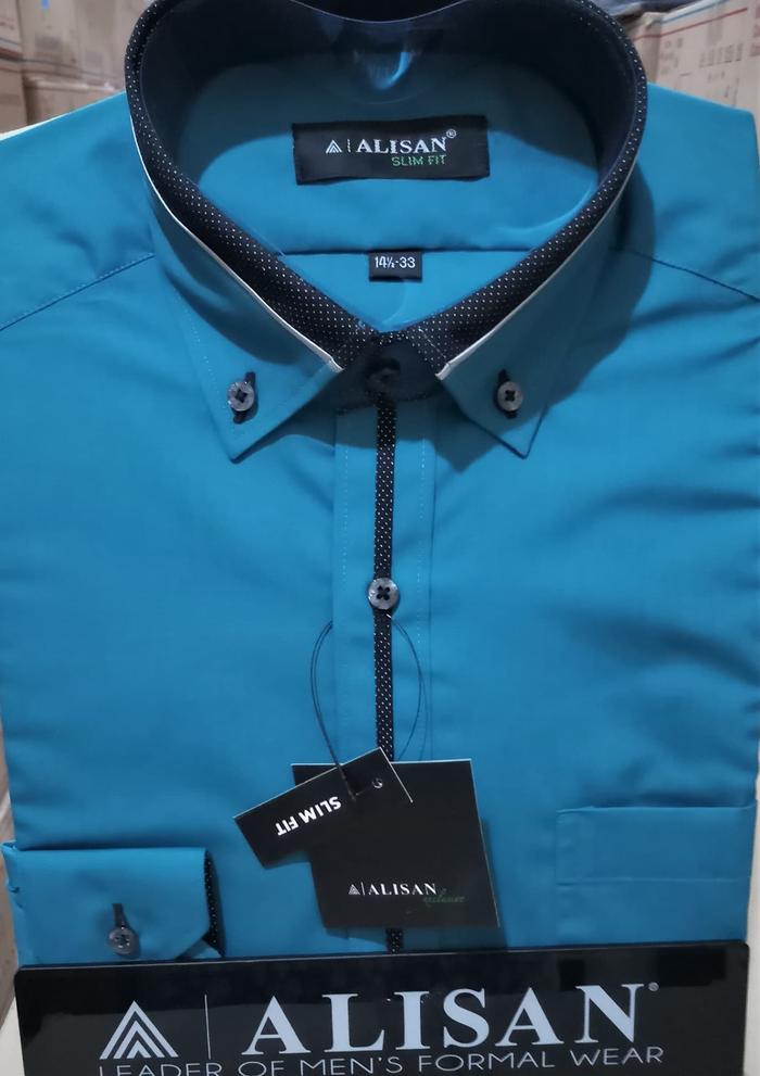 Gambar ALISAN Kemeja Kerah Kombinasi Slim Fit Lengan Panjang //Tosca// - Hijau Tosca, 14.5 dari ALISAN Quinnstore Jakarta undefined Tokopedia