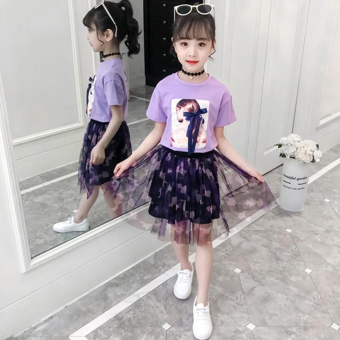 Setelan Blus Lengan Pendek Motif Kartun Rok Motif Bunga