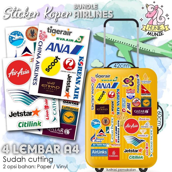 Gambar Sticker Koper - Airlines BUNDLE - 4 Lembar A4 - Vinyl dari Hunie Munie Sticker undefined Tokopedia