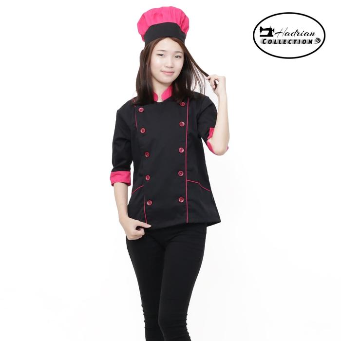 Gambar Baju koki wanita baju masak baju chef wanita seragam koki - hitam lis krem, XL dari hadriancollectionstore undefined Tokopedia