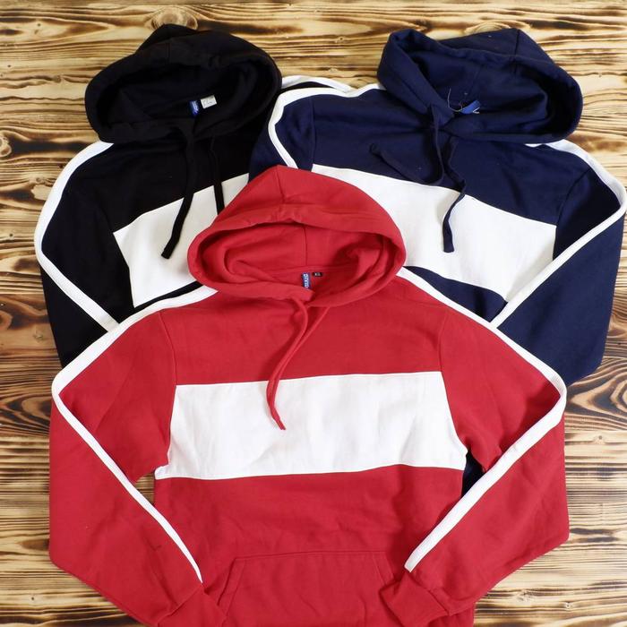 Jual Hoodie H M Divided Side Stripe Colorblock Hooded Sweatshirt