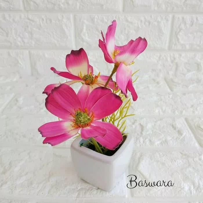 Gambar VBR02 VAS MINI KERAMIK KOTAK BUNGA ANEMONE ARTIFICIAL HIASAN MEJA UNIK - Pink dari Baswara undefined Tokopedia