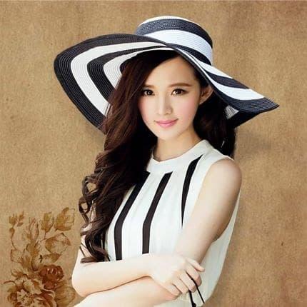 White Striped Big Beach Straw Hat 