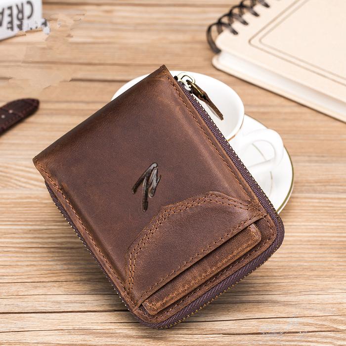 Jual NEW Men Genuine Leather Zipper Vintage Wallet Cowhide Multi