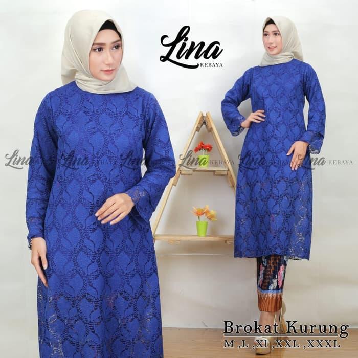Setelan Kebaya Muslimah Brokat Kurung Royal Blue Mix Plisket