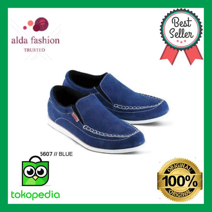 Jual men casual shoes sepatu slip on pria warna biru leather brand