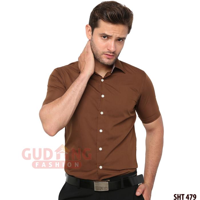 Gambar Kemeja Formal Pria Slim Fit Lengan Pendek - Cokelat, XL dari Gudang Fashion Id undefined Tokopedia