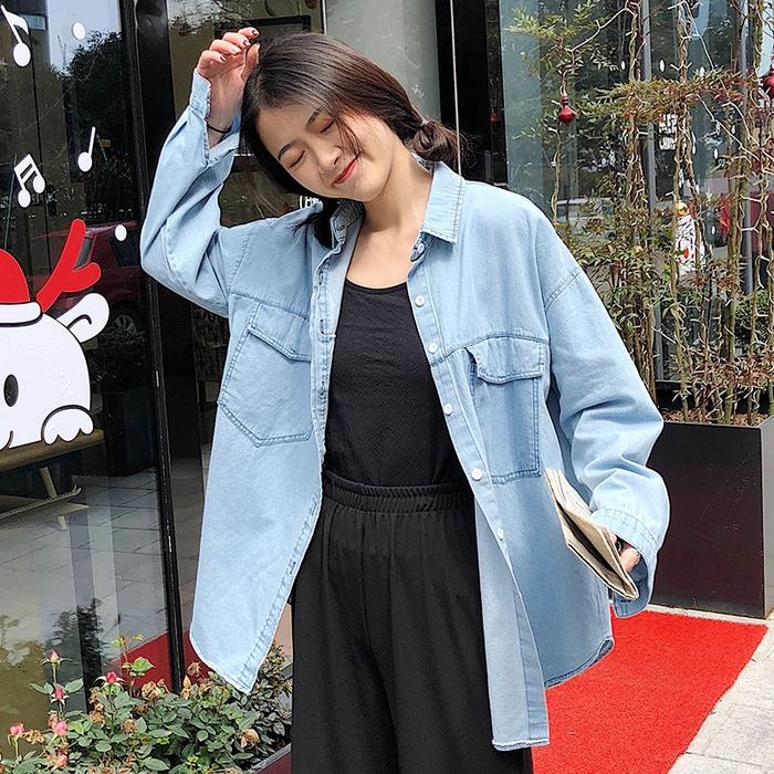 Kemeja Denim Wanita Lengan Panjang Model Longgar Versi Korea