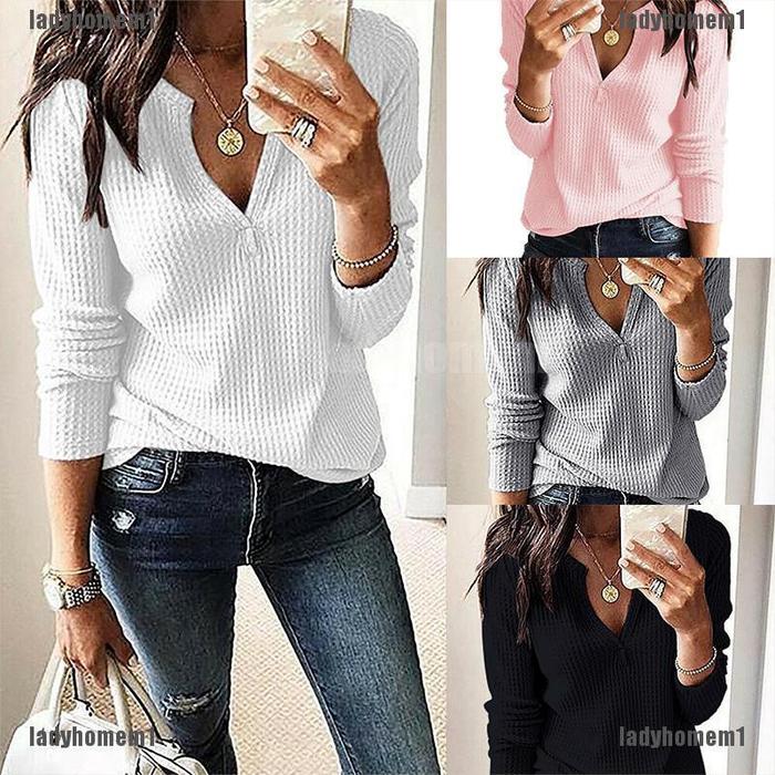 T Shirt V Neck Tops Solid Blouse Casual 