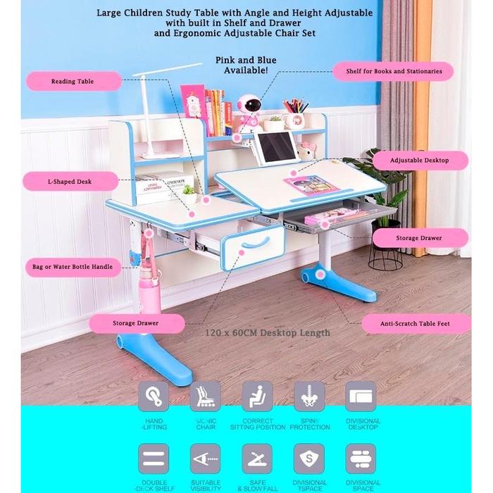 Gambar Meja Belajar Anak dengan Rak, Laci, dan Kursi Ergonomis [Ready Stock] - Biru dari Kidz Playdise undefined Tokopedia