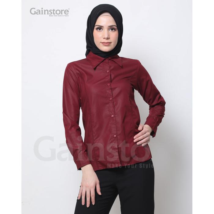 Gambar Kemeja Polos Wanita Baju Kantor Lengan Panjang Atasan Casual - Maroon - White, M dari Gain Store undefined Tokopedia