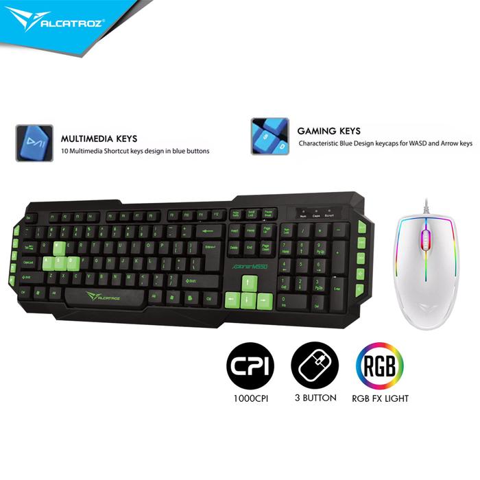 Gambar Alcatroz Xplorer M550 USB Gaming Keyboard Combo Asic 7 Wired RGB Mouse - Green - White dari Alcatroz Indonesia undefined Tokopedia