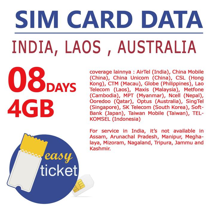 Jual Sim Card Data India, Laos, Australia 4 Gb 8 Hari - Jakarta Utara -  Easy Ticket | Tokopedia