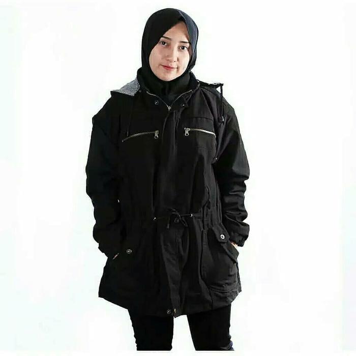 Jual jaket parka wanita hitam full black bahan baby canvas hangat