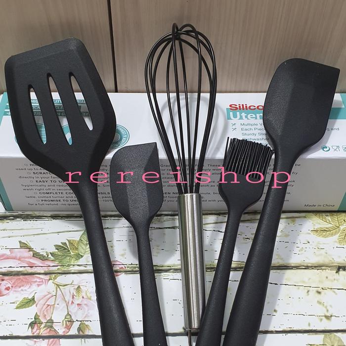 Gambar 5pcs rubber silicone spatula utensil set with WHISK /alat masak sutil silikon - Hitam dari Momochi Shop_NEW undefined Tokopedia