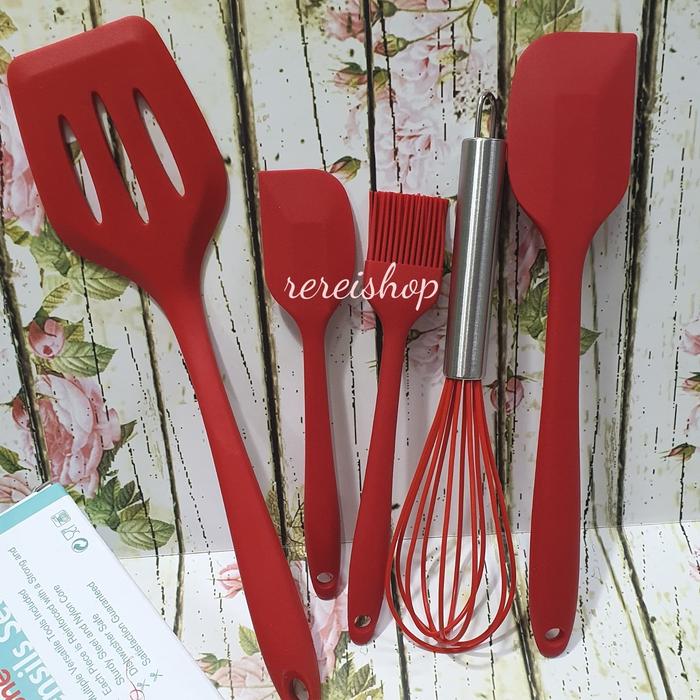 Gambar 5pcs rubber silicone spatula utensil set with WHISK /alat masak sutil silikon - Merah dari Momochi Shop_NEW undefined Tokopedia