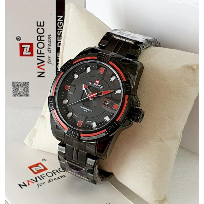 Naviforce 9079 Jam Tangan Pria Tali Rantai Stainless Steel Black Merah