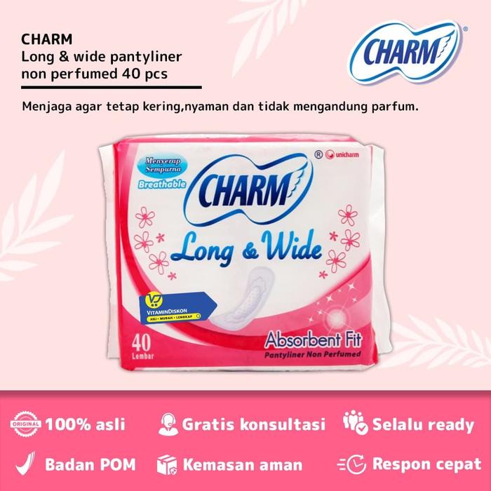 Gambar CHARM PANTYLINER LONG AND WIDE ABSORBENT FIT NON PERFUMED 40 LEMBAR dari VitaminDiskon undefined Tokopedia