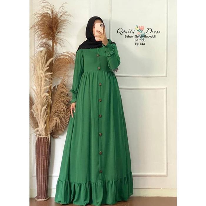 Gambar BAJU GAMIS WANITA TERBARU GAMIS QONITA DRESS CERUTI BABYDOLL - Hijau Botol dari nalmahijab undefined Tokopedia