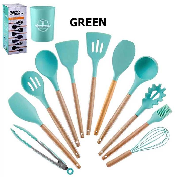 Gambar Silicon Kitchen Utensil Set 12Pcs Peralatan Masak Sutil Spatula - Green dari Brainbox Car and Home undefined Tokopedia