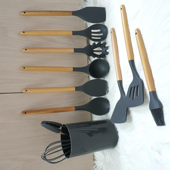 Gambar 12pcs silicone cooking utensil spatula set with wooden handle - 12pcs Abu dari Momochi Shop_NEW undefined Tokopedia