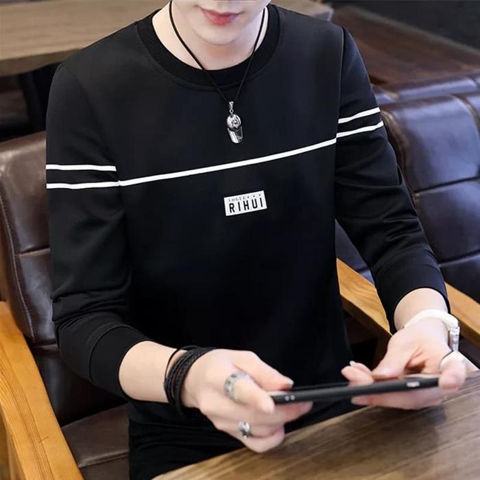 Gambar Atasan Kaos Cowok Rihui Lengan Panjang Baju Pria Fashion Kombinasi - Hitam, standart dari queenlabell undefined Tokopedia