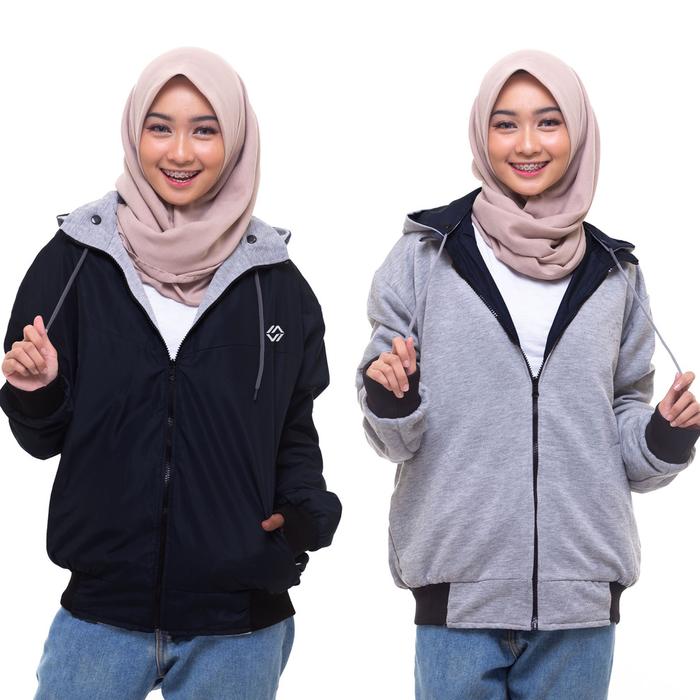 Gambar HOODIE BISA DILEPAS JAKET PARKA WANITA BOMBER PARASUT BOLAK BALIK - BLACK GREY, XL dari HEYLOOK PROJECT undefined Tokopedia