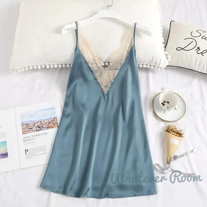 Gambar Kyrae - Sexy Lingerie Lace Satin Dress Babydoll Honeymoon - Blue Grey dari Whatever Room undefined Tokopedia