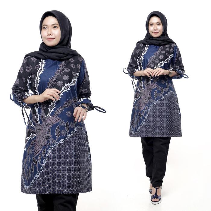 Gambar Baju Batik Solo Modern Atasan Wanita Batik Tunik Dress Batik Terbaru - Biru, XL dari Batik Mas Gokil NEW undefined Tokopedia