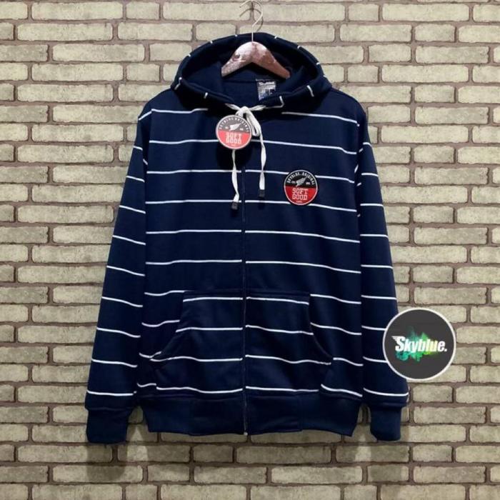 Gambar Skyblue Zip Up Hoodie Motif Garis All Size Bahan Katun - Unisex - Blue Navy dari Whats OOTD undefined Tokopedia