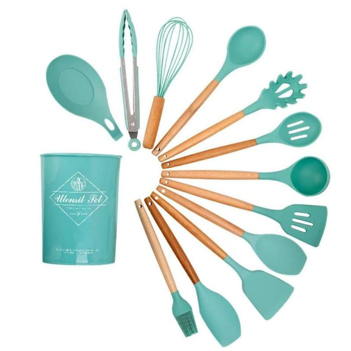 Gambar Sutil Utensil Bucket Set (13) Kayu dan Silikon - Hijau dari Juli Collection undefined Tokopedia