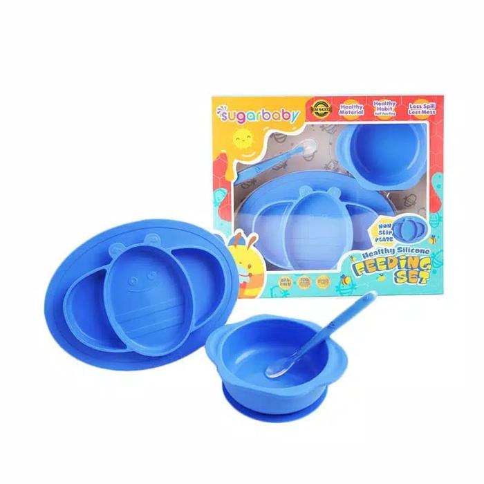 Gambar Sugar Baby Healthy Silicone Feeding Set (isi 3) Tempat makan bayi kotak makan bayi mangkok bayi Anak-Anak Piring Sendok Bowl - Biru dari ditababyshop undefined Tokopedia