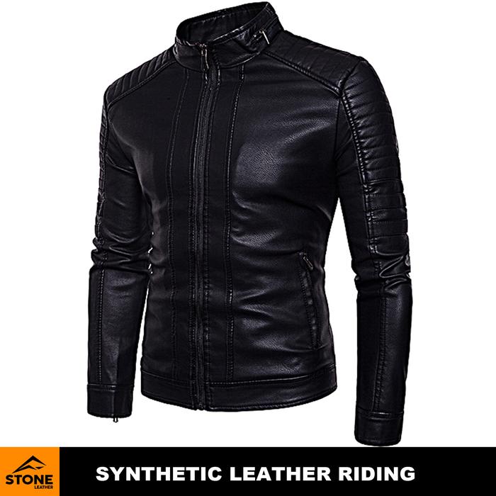Gambar Jaket Riding Semi Kulit Pria Slim Fit - Hitam, S dari Stone Leather undefined Tokopedia