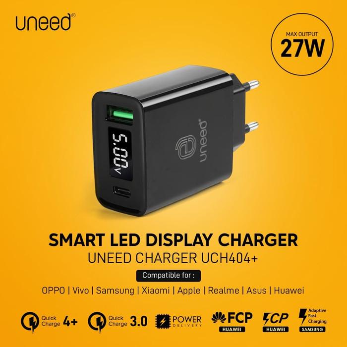 Gambar UNEED QuickPlug Smart Charger QC 4.0 & PD with LED Display - UCH404+ - Hitam dari Uneed Indonesia undefined Tokopedia