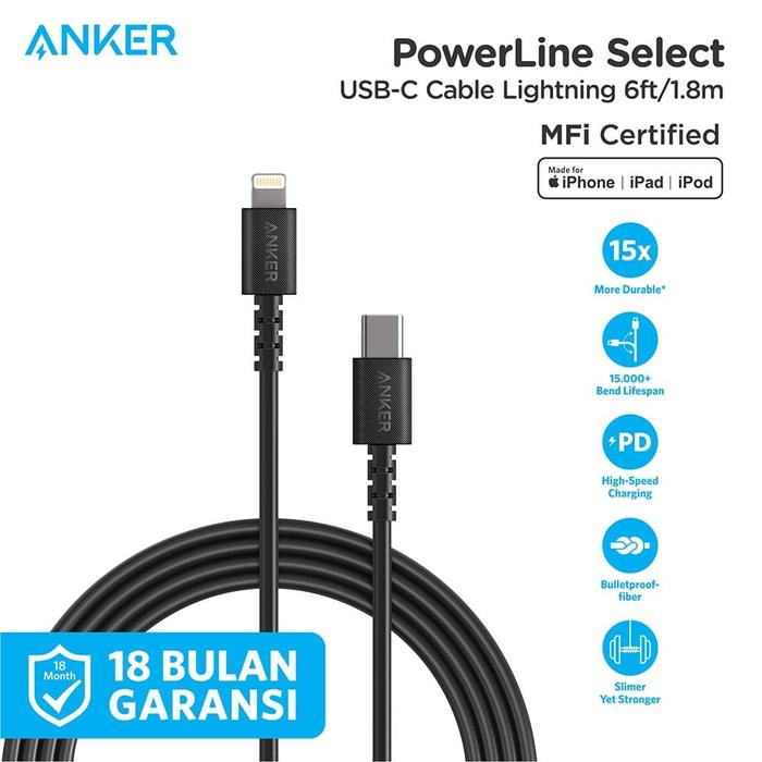 Gambar Kabel Charger Anker PowerLine Select C to Lightning 6ft Black - A8613 dari Anker Indonesia undefined Tokopedia