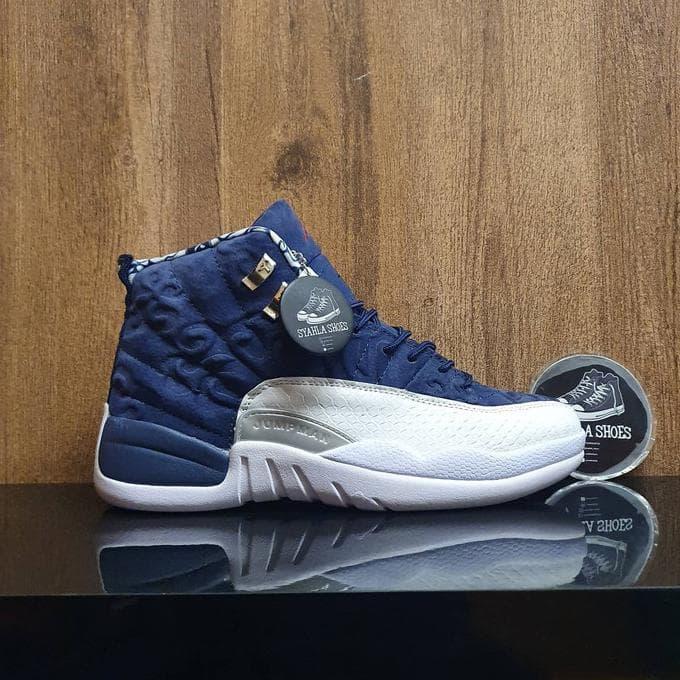 Sepatu Nike Air Jordan 12 International Blue White 100 Mirror Biru