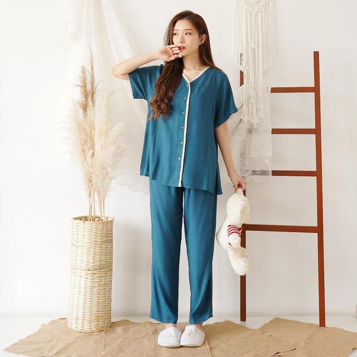 Gambar Baju Tidur Wanita Cewek Piyama Pajamas Set Piyama Adem Kancing Vol.5 - Teal, XL dari hania bnk undefined Tokopedia