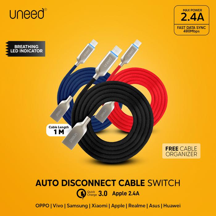 Gambar UNEED Switch Auto Disconnect Kabel Data Type C with QC 3.0 - UCB21C - Hitam dari Uneed Indonesia undefined Tokopedia