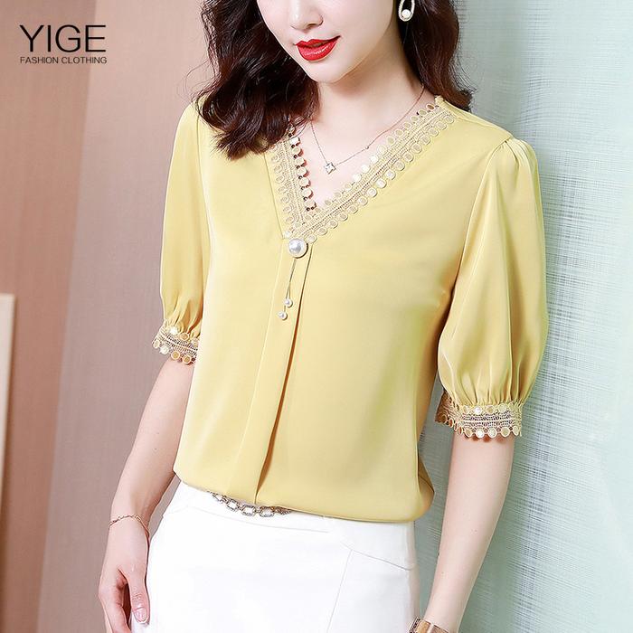 Gambar baju wanita import Atasan Wanita Lengan Pendek 2021 Renda Trim Leher V - L, Kuning dari blouse import korea undefined Tokopedia