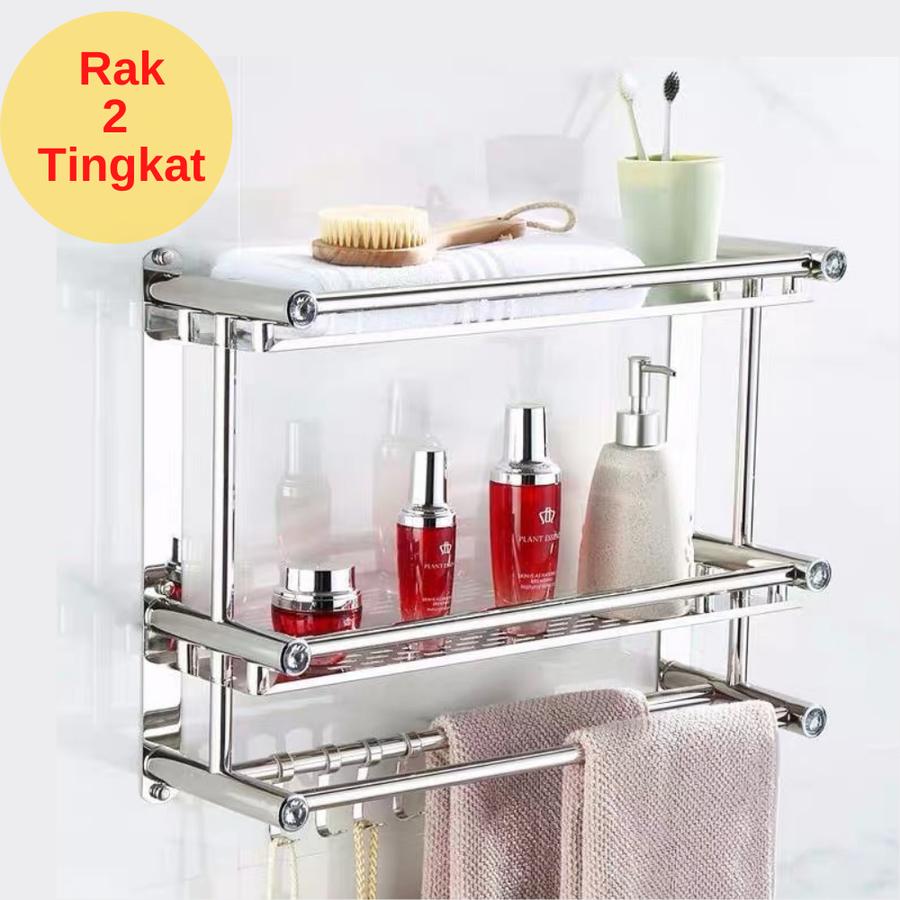 Rak kamar mandi rak handuk rak dinding tempel 2 tingkat rak stainless