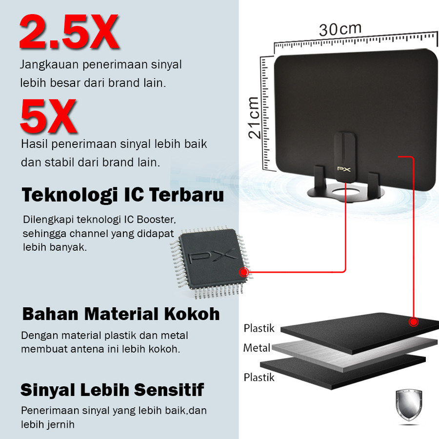 Antena TV Digital Analog Indoor Dinding DVB T2 + Booster PX UDA-3000A