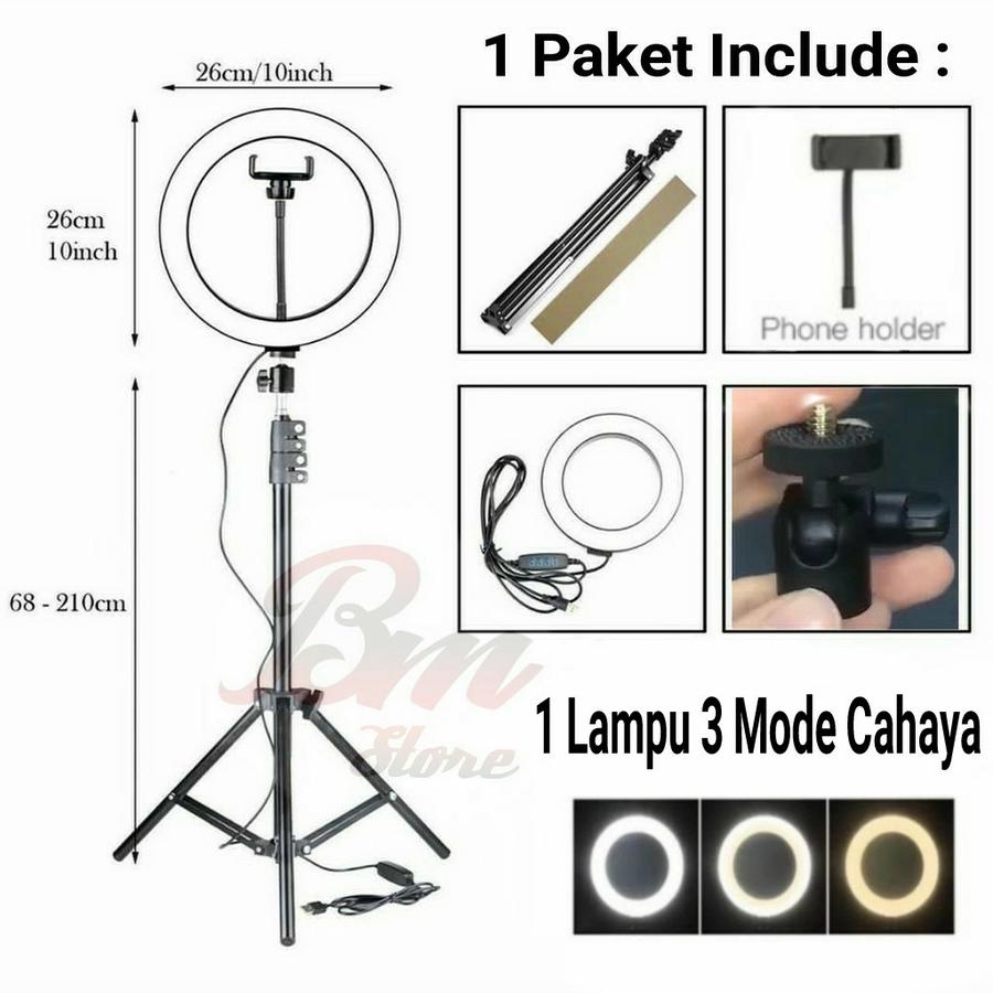 Paket Lengkap Ring Light 26cm+Tripod 2m - Tripod HP Ring Light Stand