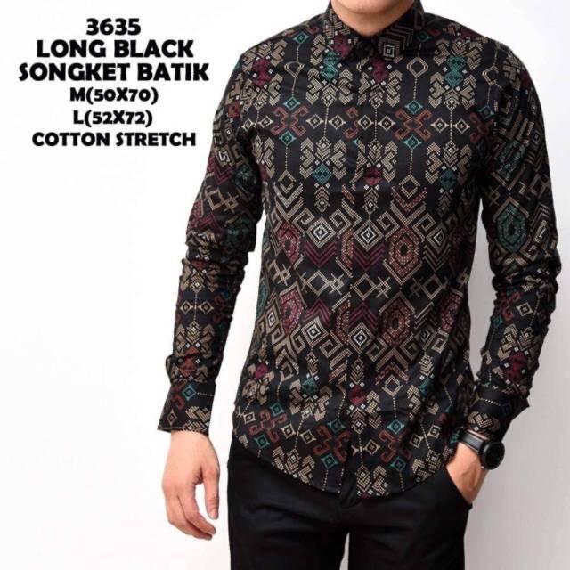 Kemeja Batik Songket Pria Black Panjang Kantor Slimfit Baju Batik