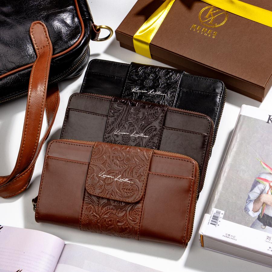 Dompet Panjang Wanita Kulit Asli EMMA MOTIF Pullup - Kenes Leather - Black Motif